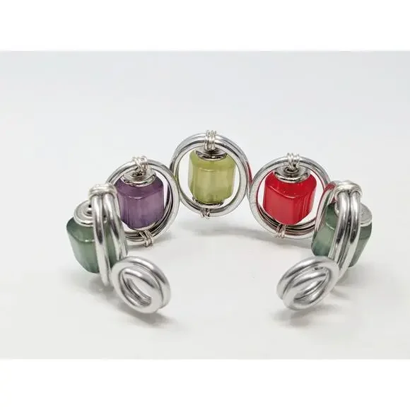 Silver Tone Color Bead Wire Wrapped Chunky Cuff Bracelet - Picture 5 of 5